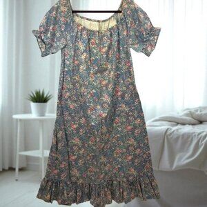 Vintage 70s Floral Maxi Dress Blue White Ruffle Off-Shoulder L